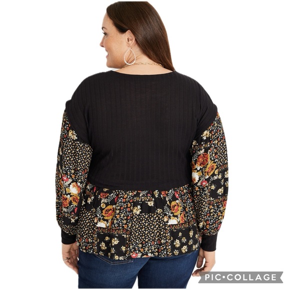 Maurices Black Ribbed Knit & Floral Patchwork Layered Scoop Neck Blouse - Picture 4 of 16